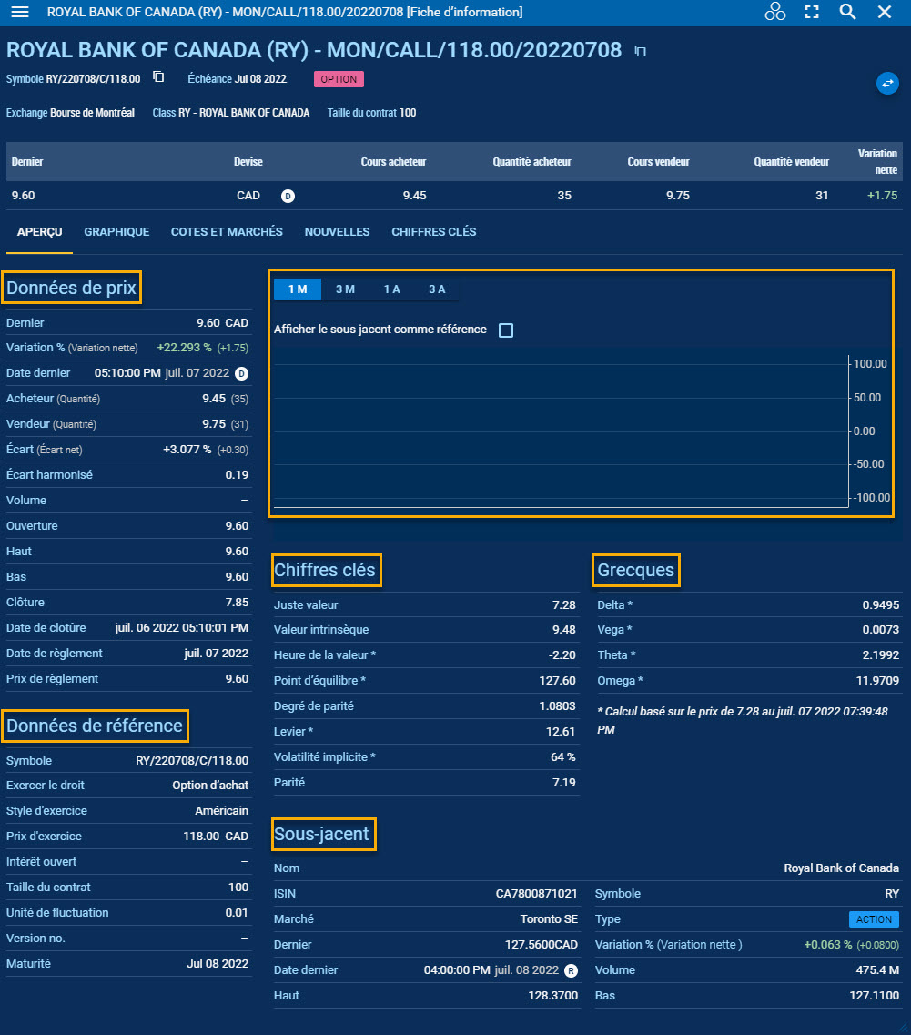 Onglet d’aperçu de la fiche d’information d’options.